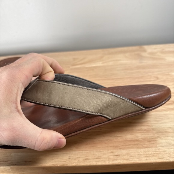 Olukai Sandals Mens 10 Kulia Shoes Tan Leather Thong Flip Flop Beach Slide - Picture 5 of 9